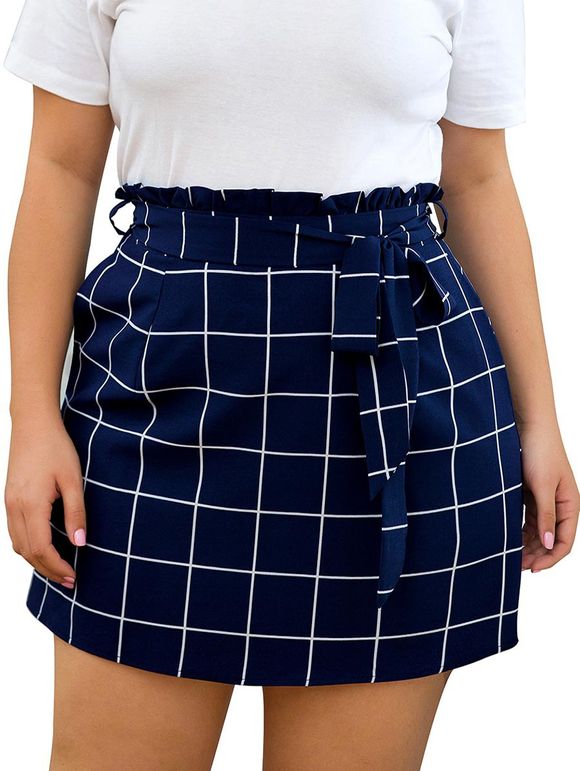 Jupe Paperbag Ceinturée à Carreaux Imprimé de Grande Taille - Bleu Lapis 2X