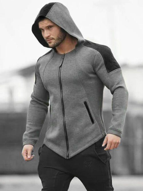 Sweat à capuche zippé avec poche de couleur - Cendre gris XL