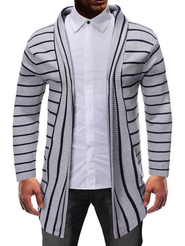 

Striped Design Open Front Knitted Hooded Cardigan, Gray