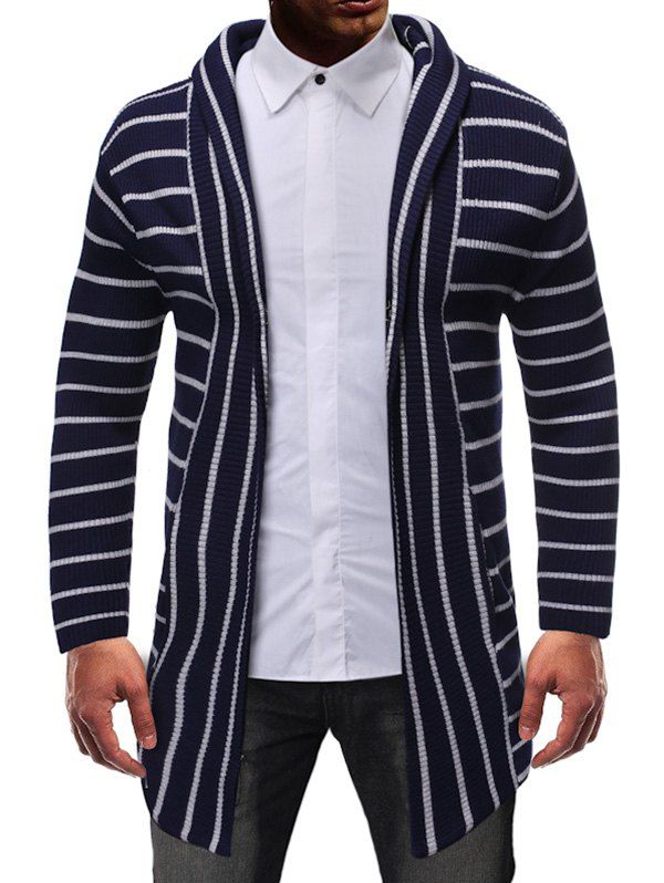 

Striped Design Open Front Knitted Hooded Cardigan, Cadetblue