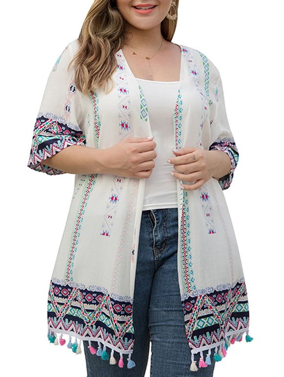 Robe Couverture Géométrique Ouverte en Avant à Frange - Blanc 4X