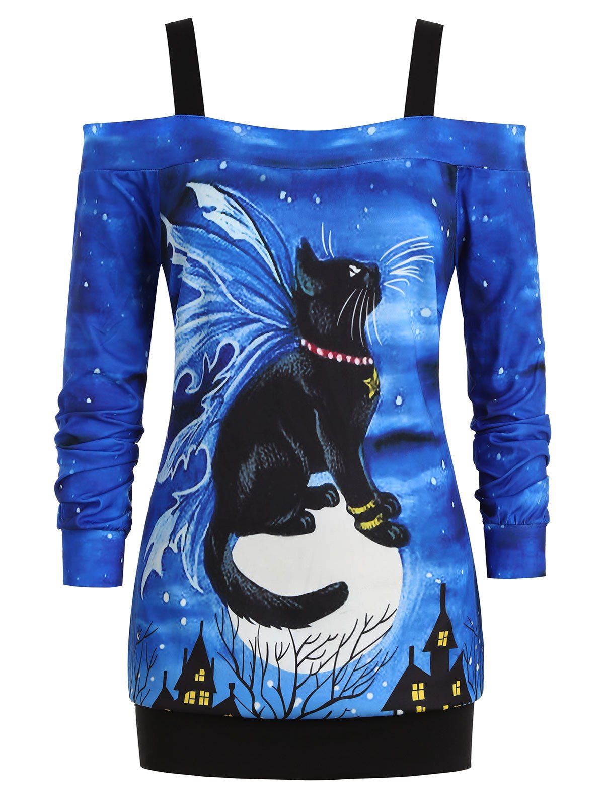 Castle Halloween Cat Open Shoulder Plus Size Sweatshirt - multicolor A 3X