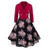 Robe Vintage Fleurie Imprimée à Taille Haute Grande Taille à Manches Longues - Rouge Lave 2X