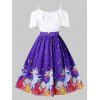 Robe de Noël Licorne Imprimé à Epaule Ouverte de Grande Taille à Volants - Bleu Myrtille 3X