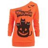 Skew Neck Bat Pumpkin Cats Print Halloween Sweatshirt - PUMPKIN ORANGE M