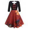 Robe de Soirée d'Halloween Vintage Découpée Imprimée avec Nœud Papillon - Rouge L