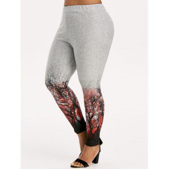 

Plus Size Tree Print Halloween Knit Leggings, Blue gray