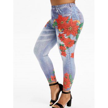 

Plus Size Skinny Floral Print Ninth 3D Jeggings, Blue gray