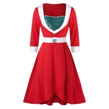 Plus Size Sequins Contrast Trim Christmas Dress
