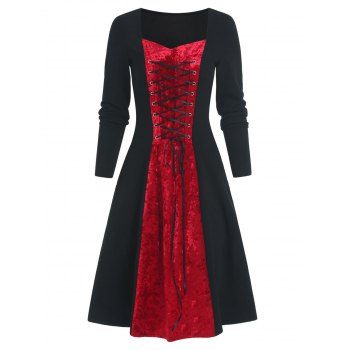 

Vintage Contrast Colorblock Velvet Bicolor Lace Up Two Tone A Line Dress, Black