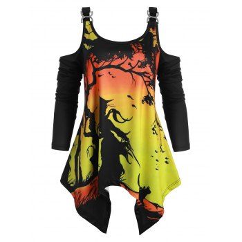 

Handkerchief Witch Print Halloween Open Shoulder Plus Size Top, Black