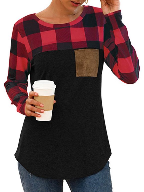 T-Shirt à Carreaux à Manches Longues avec Poche Poitrine - multicolor A XL