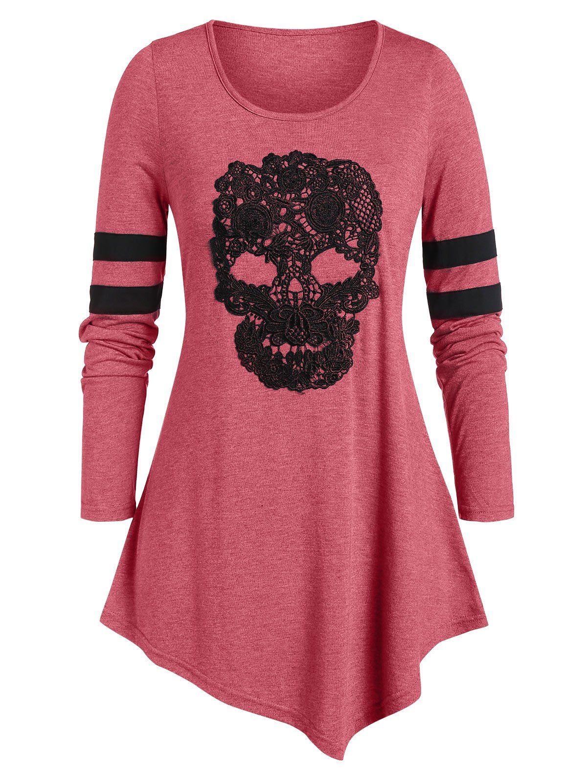

Plus Size Long Sleeve Skull Print Asymmetrical T Shirt, Cherry red