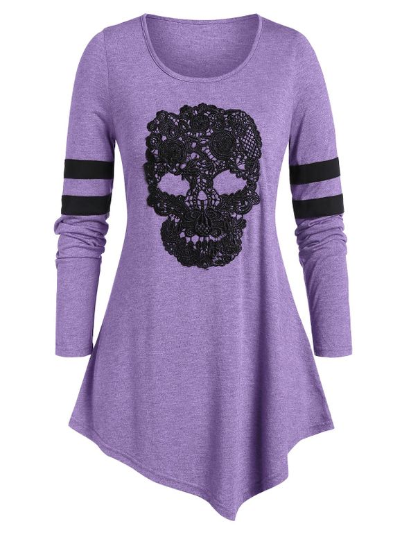 T-shirt Asymétrique Crâne Imprimée de Grande Taille à Manches Longues - Pourpre Moyen L