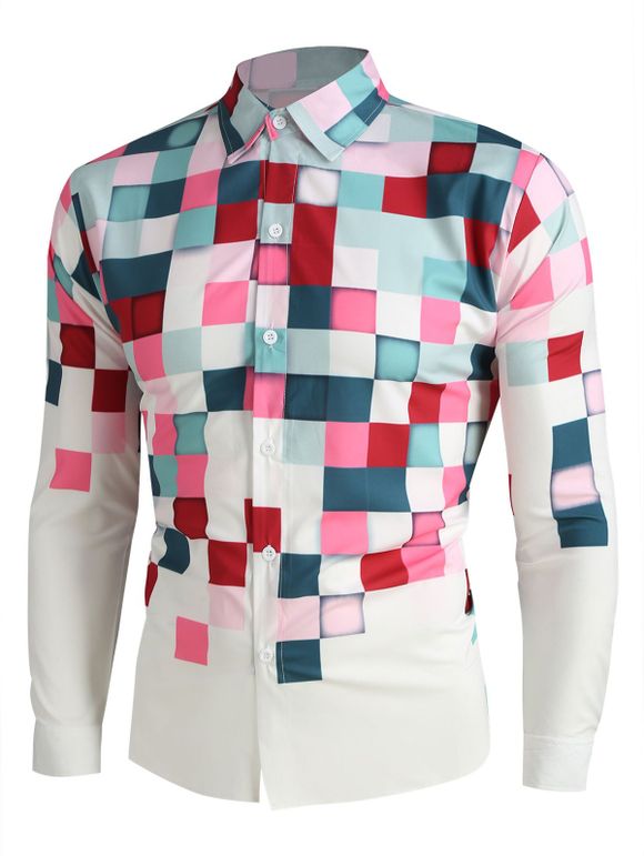 Chemise Géométrique à Carreaux Imprimé à Manches Longues - Blanc M