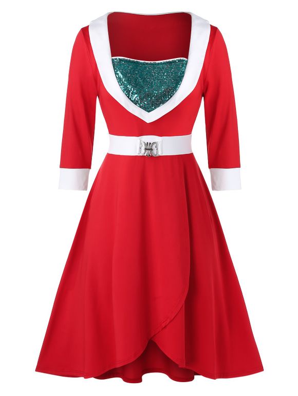 Robe de Noël à Paillettes Ourlet Contrasté de Grande Taille - Rouge 4X