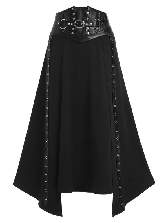 Faux Leather Buckle Strap Lace-up Asymmetric Gothic Skirt - BLACK M