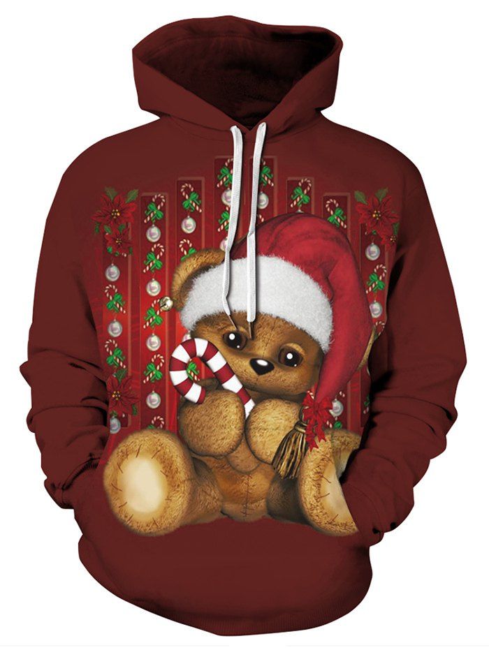 

Plus Size Cartoon Christmas Bear Print Drawstring Kangaroo Pocket Hoodie, Red wine