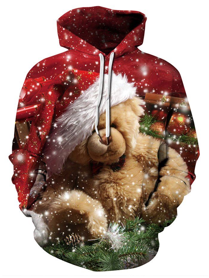 

Plus Size Christmas Cartoon Bear Print Drawstring Kangaroo Pocket Hoodie, Red