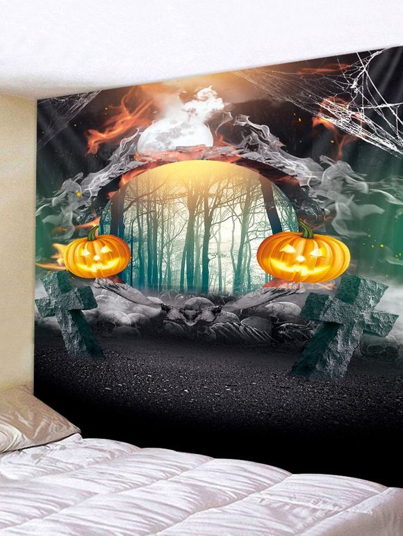 Tapisserie d'Halloween Croix Forêt et Citrouille - Gris fumée W59 X L59 INCH