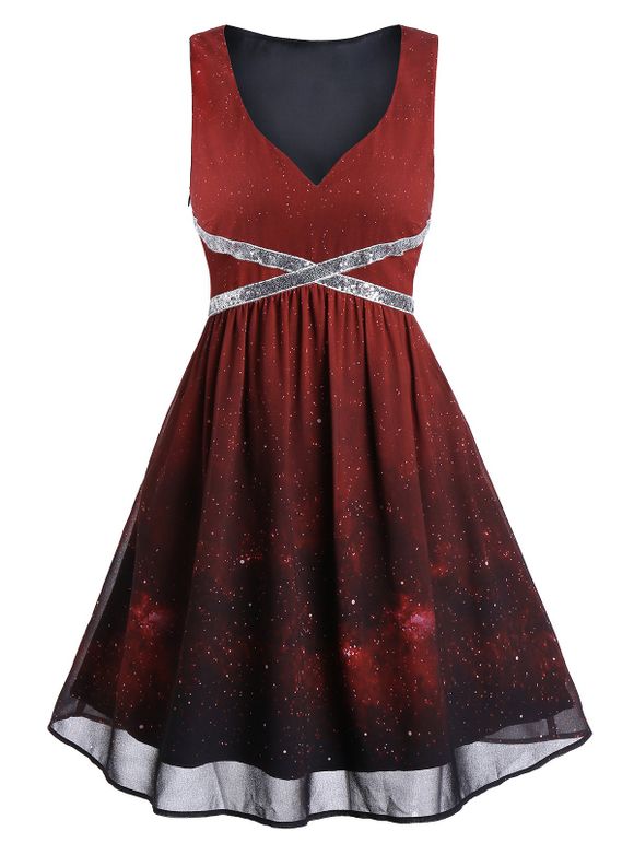 Robe de Soirée Ombrée Galaxie Imprimée à Paillettes - Rouge Vineux 3XL