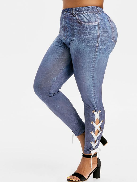 Legging Daim Imprimé Grande Taille à Lacets - Ardoise bleue foncée 5X