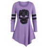 T-shirt Asymétrique Crâne Imprimée de Grande Taille à Manches Longues - Pourpre Moyen L