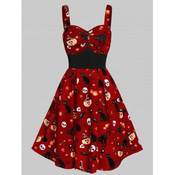 

Sweetheart Neck High Waist A Line Button Skull Cat Print Halloween Dress, Red wine