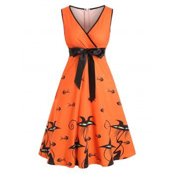 

Fish Bone Cat Print Sleeveless Belted Dress, Pumpkin orange