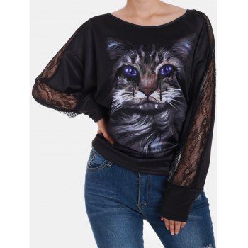 

Vampire Cat Lace Panel Ruched Halloween Tee, Black