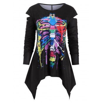 

Plus Size Handkerchief Skeleton Print Halloween T Shirt, Black