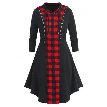 

Plus Size Hooded Plaid Button Up Skirted Long Coat, Black