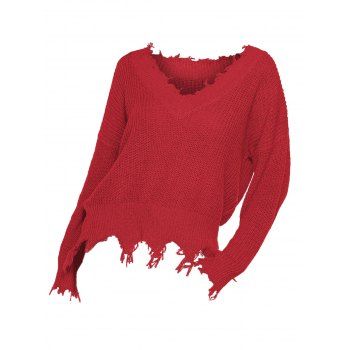 

Plus Size Frayed Hem Solid Drop Shoulder Sweater, Red