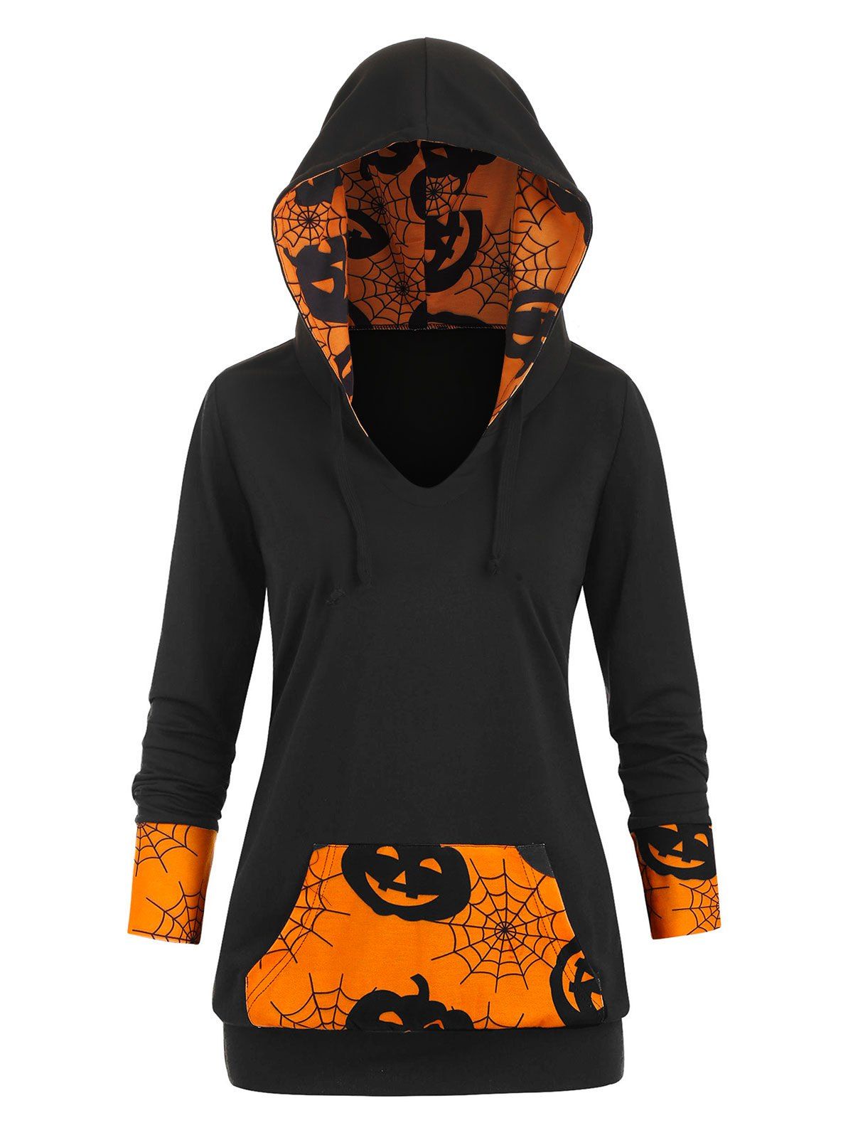 

Cobwebs Pumpkin Front Pocket Halloween Plus Size Hoodie, Black