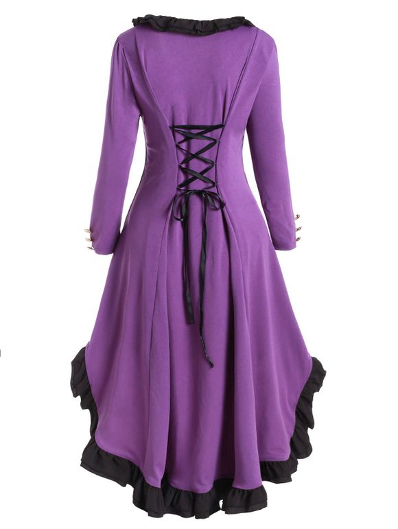 Manteau Vintage Long Grande Taille à Lacets à Volants - Fleur Violet 1X
