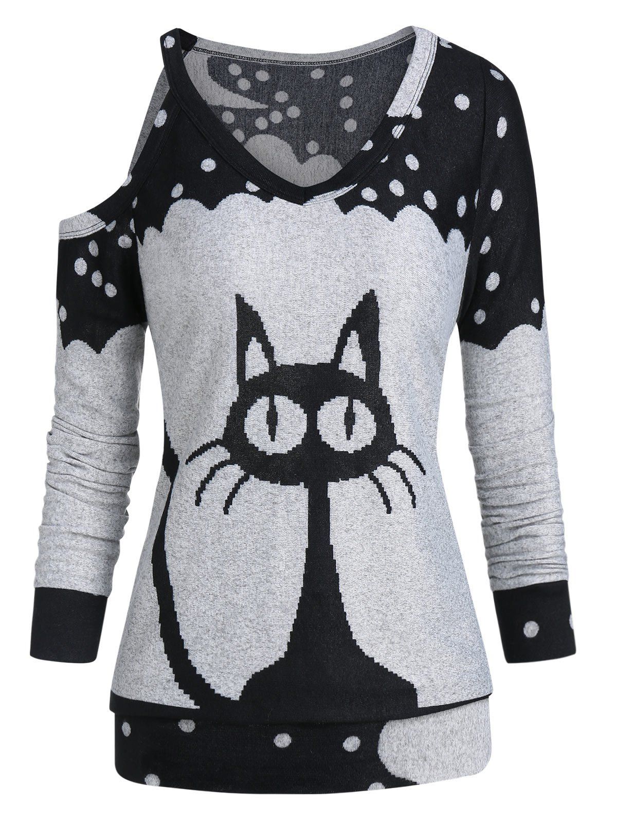 Cat Print Tunic V Neck Sweater - GRAY CLOUD 3XL