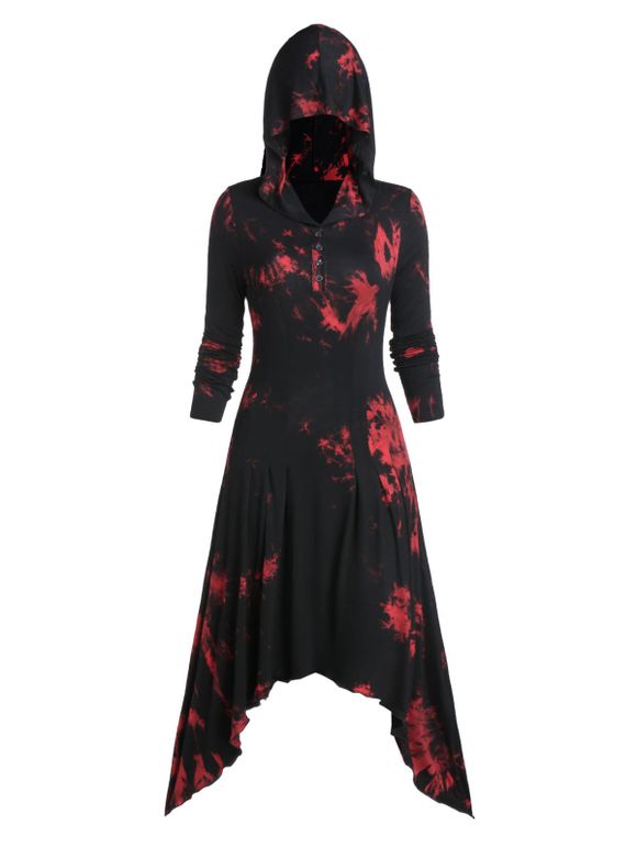 Maxi Robe à Capuche Asymétrique Gothique Teinté Imprimé à Quart-Bouton - Noir 3XL