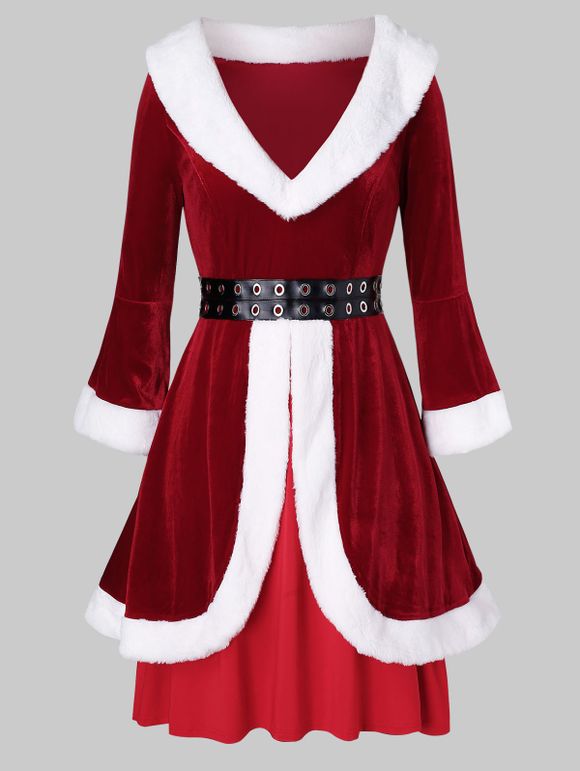 Robe de Noël Grande Taille en Fausse Fourrure en Velours à Œillets - Rouge 5X