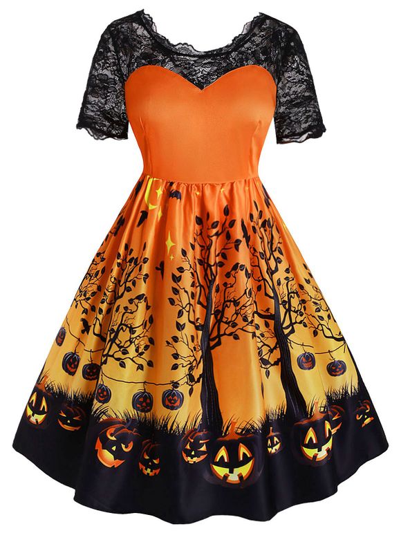Robe de Soirée Vintage Citrouille d'Halloween de Grande Taille - Orange Halloween 3X