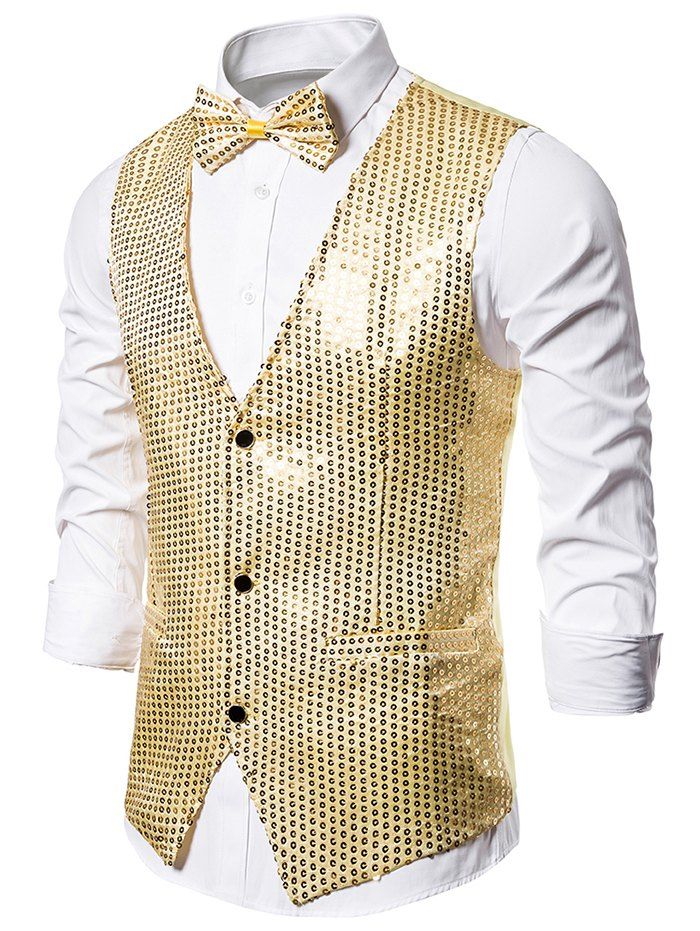 [30% OFF] 2021 Glitter Sequined Single Breasted Tuxedo Vest With Bow ...