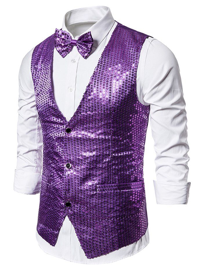 [30% OFF] 2021 Glitter Sequined Single Breasted Tuxedo Vest With Bow ...