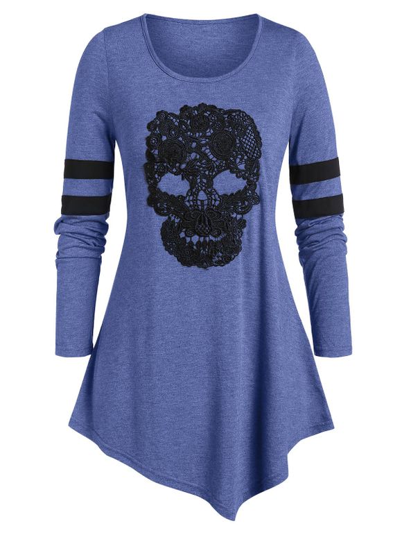 T-shirt Asymétrique Crâne Imprimée de Grande Taille à Manches Longues - Bleu Myrtille 4X