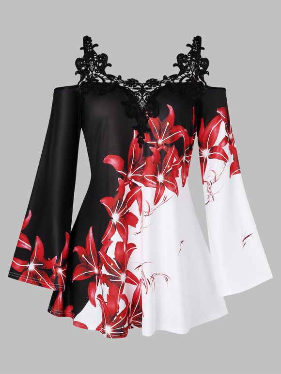 T-shirt Applique Fleuri Imprimé à Epaule Dénudée de Grande Taille - Noir 3X