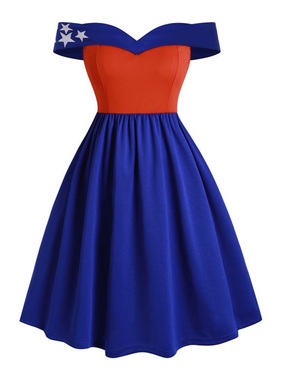 Robe Drapeau Américain Etoile en Blocs de Couleurs à Epaule Dénudée de Grande Taille - multicolor A 4X
