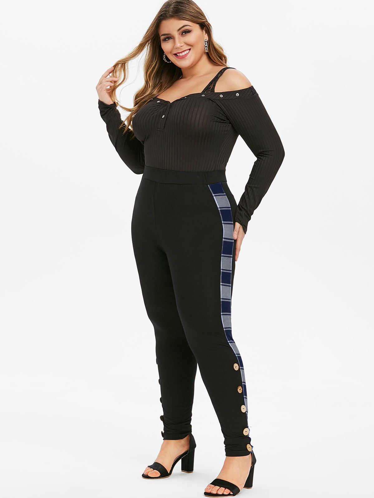 Plus Size High Waist Plaid Trim Buttoned Pants - BLUEBERRY BLUE L