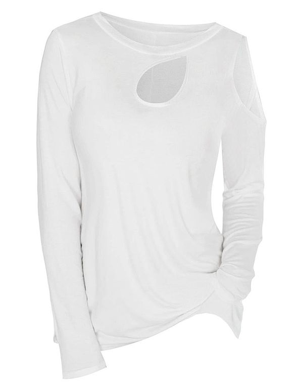 T-shirt Epaule Dénudée à Manches Longues avec Trou de Serrure - Blanc XL