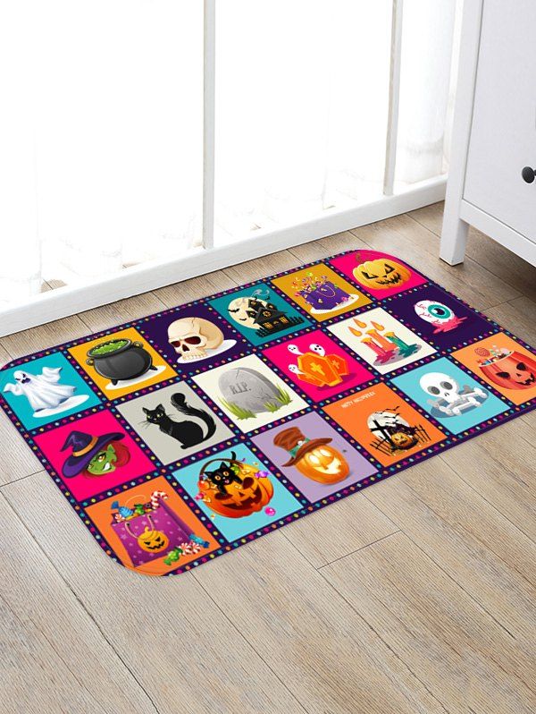 

Halloween Cartoon Pumpkin Skull Ghost Floor Rug, Rose red