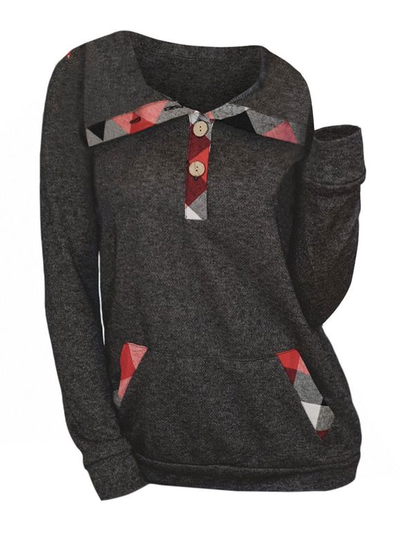 Sweat-shirt à Demi-Bouton Géométrique avec Poche - Gris 2XL