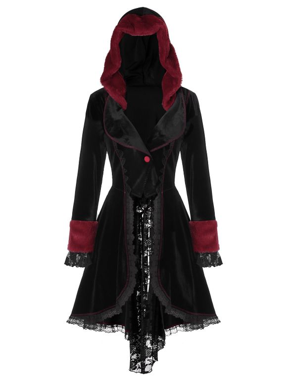 Manteau à Capuche Haut Bas Gothique en Fausse Fourrure Grande Taille - Noir 5X