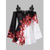 T-shirt Applique Fleuri Imprimé à Epaule Dénudée de Grande Taille - Noir L